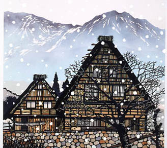 Log Cabin in Front of a Mountain with Snow Falling